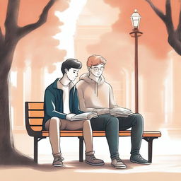 This high-quality illustration presents two young white college men, the protagonist and 'A', seated on a bench amidst the busy campus