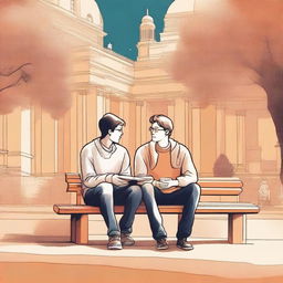 This high-quality illustration presents two young white college men, the protagonist and 'A', seated on a bench amidst the busy campus