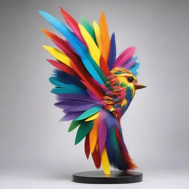 The artist decided to fledge the sculpture with multicolored feathers to add a touch of vibrancy and beauty.