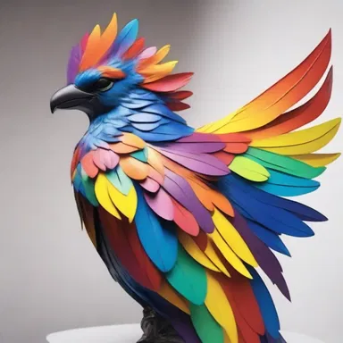 The artist decided to fledge the sculpture with multicolored feathers to add a touch of vibrancy and beauty.