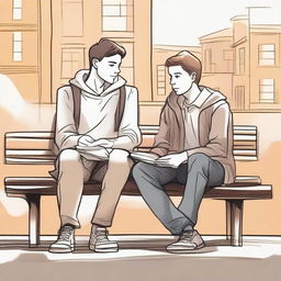 This is a high-quality illustration of two young white college men, the protagonist and 'A', seated on a bench amidst the hustle and bustle of a campus