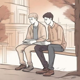 This is a high-quality illustration of two young white college men, the protagonist and 'A', seated on a bench amidst the hustle and bustle of a campus