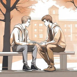 This is a high-quality illustration of two young white college men, the protagonist and 'A', seated on a bench amidst the hustle and bustle of a campus