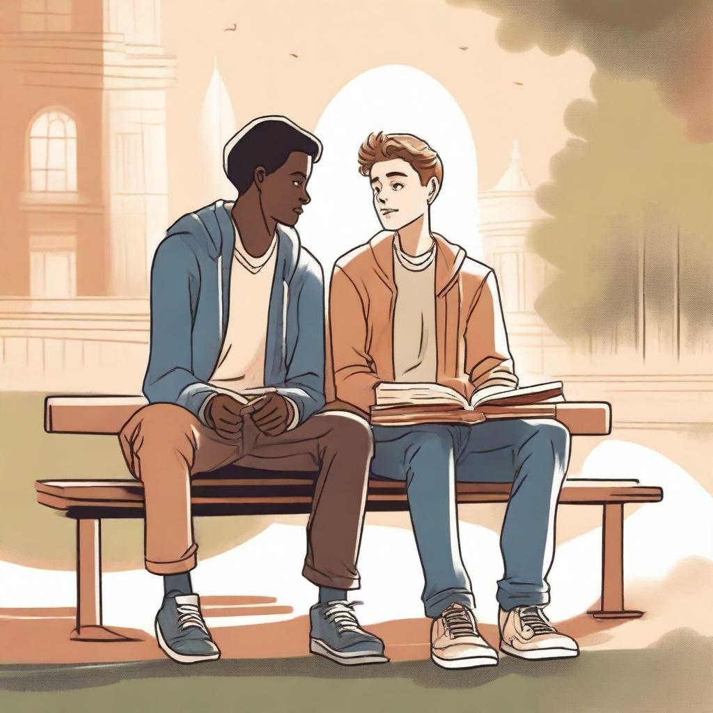 This high-quality illustration captures two young white college men, the protagonist and 'A', seated on a bench amidst the campus hustle
