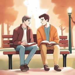 This high-quality illustration captures two young white college men, the protagonist and 'A', seated on a bench amidst the campus hustle