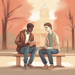 This high-quality illustration captures two young white college men, the protagonist and 'A', seated on a bench amidst the campus hustle