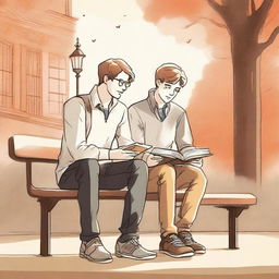 This high-quality illustration captures two young white college men, the protagonist and 'A', seated on a bench amidst the campus hustle