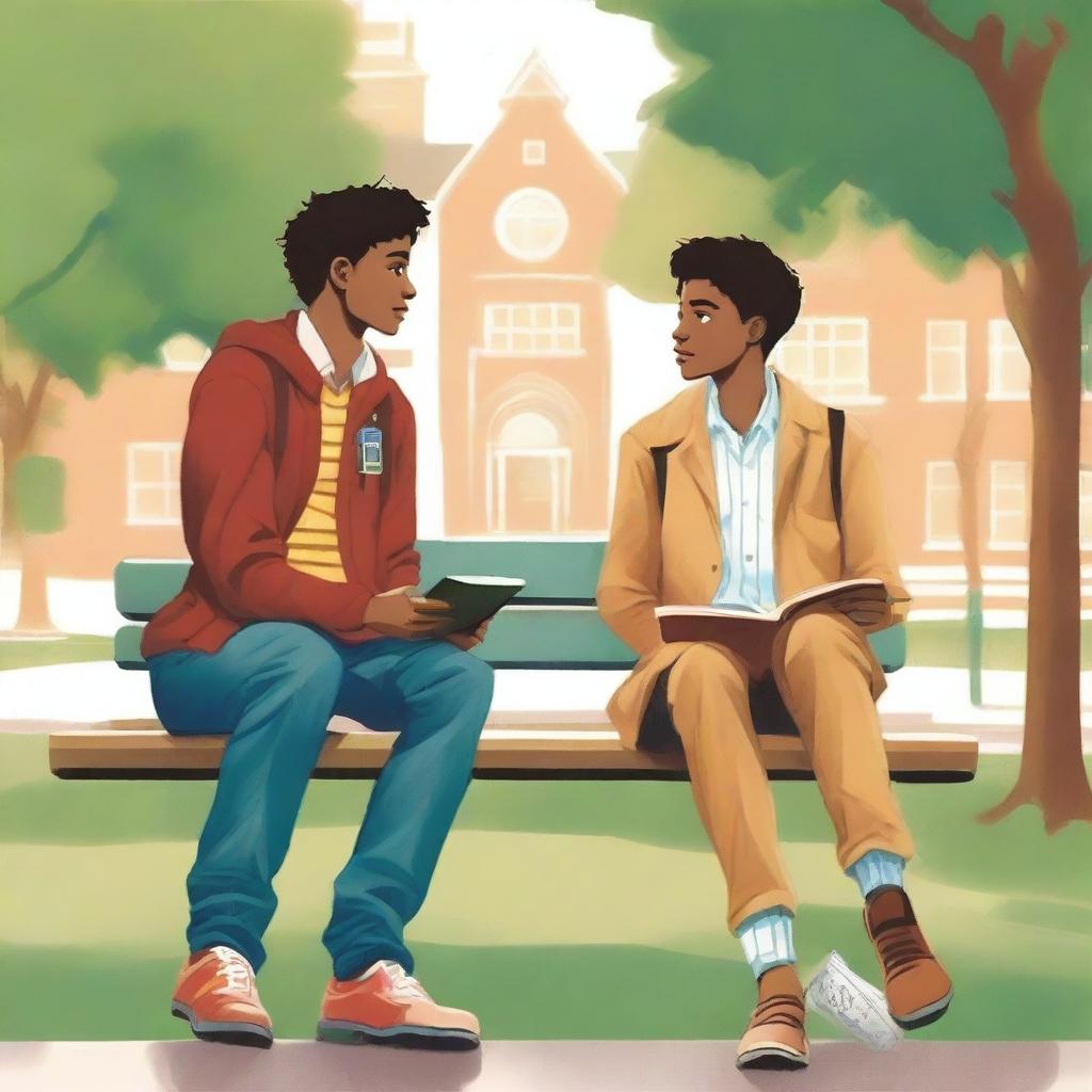 This is a detailed, high-quality illustration featuring two young men, the protagonist and 'A', seated on a bench in the midst of a lively college campus