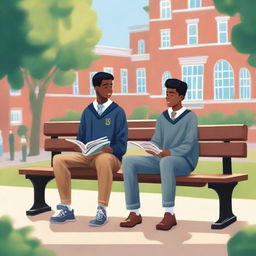 This is a detailed, high-quality illustration featuring two young men, the protagonist and 'A', seated on a bench in the midst of a lively college campus