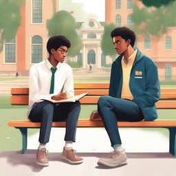 This is a detailed, high-quality illustration featuring two young men, the protagonist and 'A', seated on a bench in the midst of a lively college campus