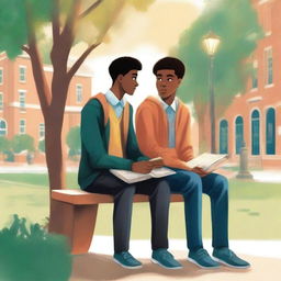 This is a detailed, high-quality illustration featuring two young men, the protagonist and 'A', seated on a bench in the midst of a lively college campus