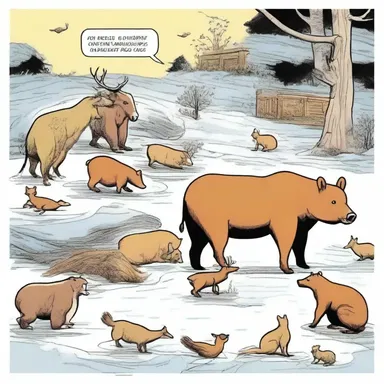 The comic strip portrayed the animals preparing for hibernation by gathering food.