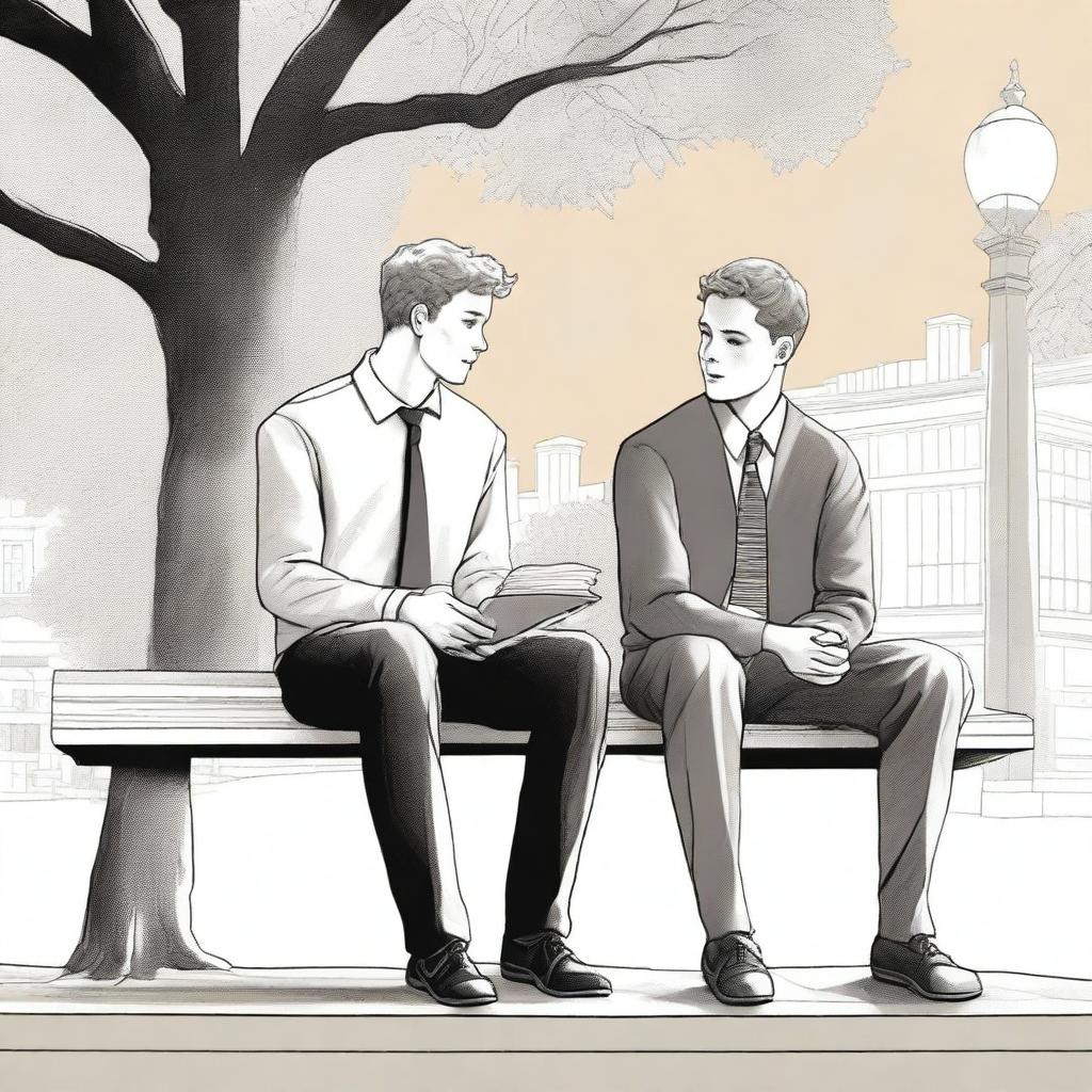 This is an intricate, high-quality illustration showcasing two young white men, the protagonist and 'A', seated on a bench in the midst of a bustling college campus
