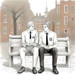 This is an intricate, high-quality illustration showcasing two young white men, the protagonist and 'A', seated on a bench in the midst of a bustling college campus
