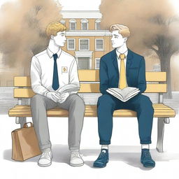 This is an intricate, high-quality illustration showcasing two young white men, the protagonist and 'A', seated on a bench in the midst of a bustling college campus