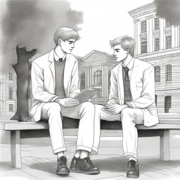 This is an intricate, high-quality illustration showcasing two young white men, the protagonist and 'A', seated on a bench in the midst of a bustling college campus