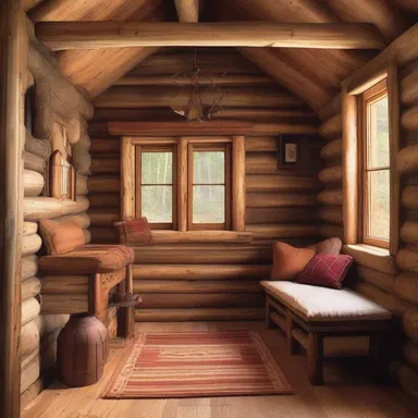The rustic cabin design incorporates cozy nooks and warm colors, creating a space that enhances the feeling of hibernation.