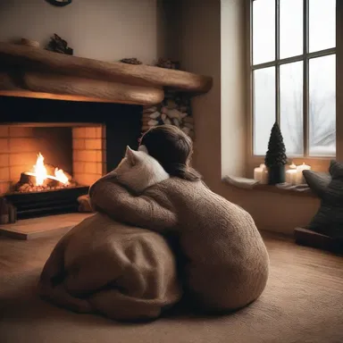 The couple snuggled up beside the fireplace, embracing the hibernation of their worries and enjoying each other's company.