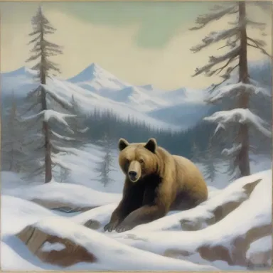 The painting depicted a bear in deep hibernation, surrounded by a serene winter landscape.
