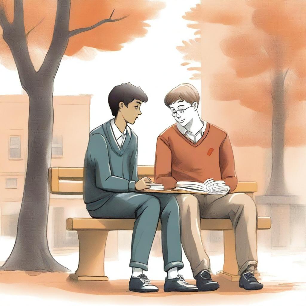 This is a high-quality illustration depicting two young men, the protagonist and 'A,' seated on a bench in the heart of a bustling college campus