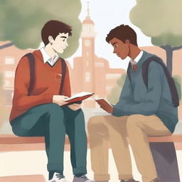 This is a high-quality illustration depicting two young men, the protagonist and 'A,' seated on a bench in the heart of a bustling college campus