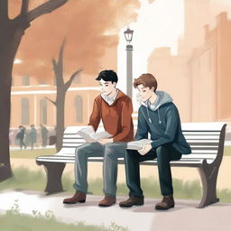 This is a high-quality illustration depicting two young men, the protagonist and 'A,' seated on a bench in the heart of a bustling college campus
