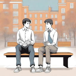 This is a high-quality illustration depicting two young men, the protagonist and 'A,' seated on a bench in the heart of a bustling college campus