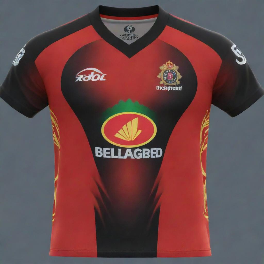 Generate an image of the 2024 IPL jersey for the Royal Challengers Bangalore (RCB), featuring vivid colors and intricate design details.