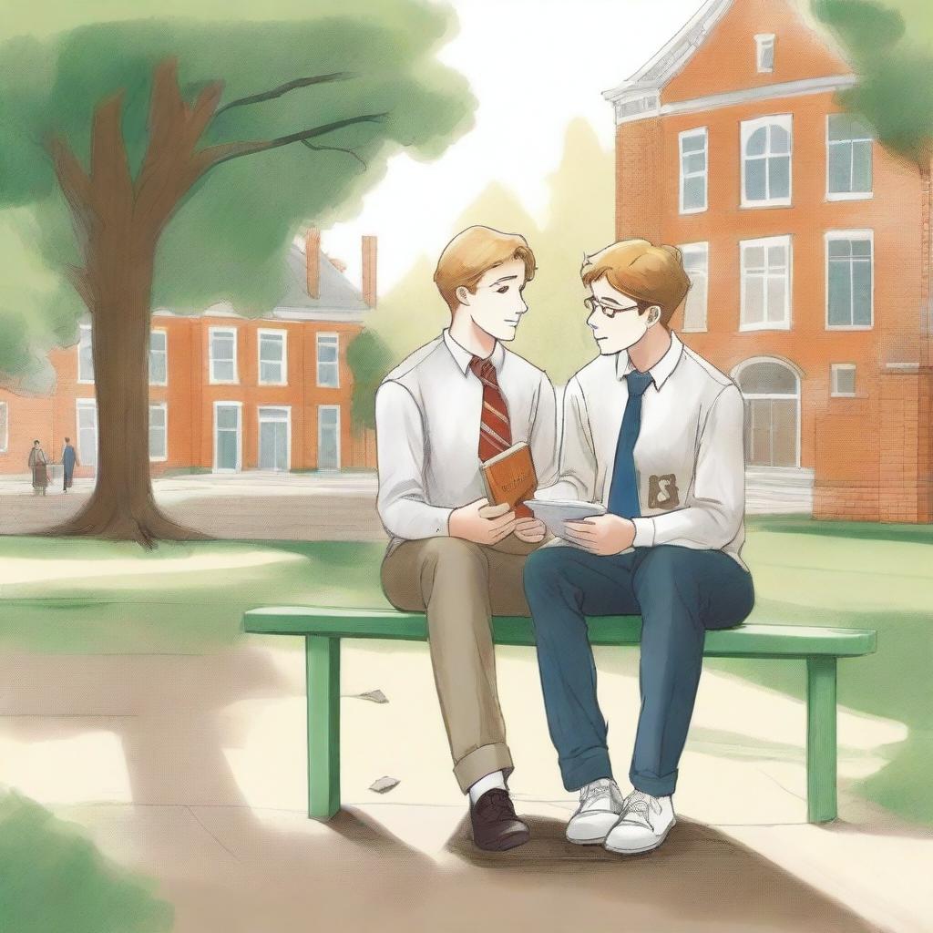 This is a high-quality illustration portraying two young white men, the protagonist and 'A', seated on a bench in the middle of a bustling college campus