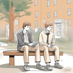 This is a high-quality illustration portraying two young white men, the protagonist and 'A', seated on a bench in the middle of a bustling college campus