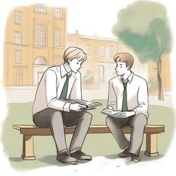 This is a high-quality illustration portraying two young white men, the protagonist and 'A', seated on a bench in the middle of a bustling college campus