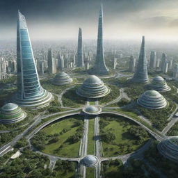 Futuristic landscape of India in 3000, including advanced technology, green cities, high-speed transportation systems, and iconic landmarks enhanced by future architectural designs