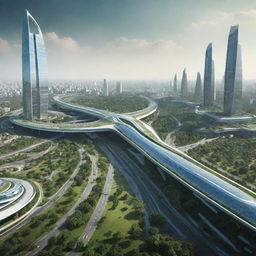 Futuristic landscape of India in 3000, including advanced technology, green cities, high-speed transportation systems, and iconic landmarks enhanced by future architectural designs