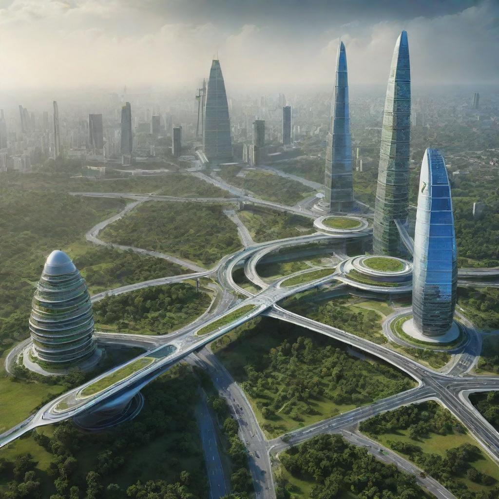 Futuristic landscape of India in 3000, including advanced technology, green cities, high-speed transportation systems, and iconic landmarks enhanced by future architectural designs