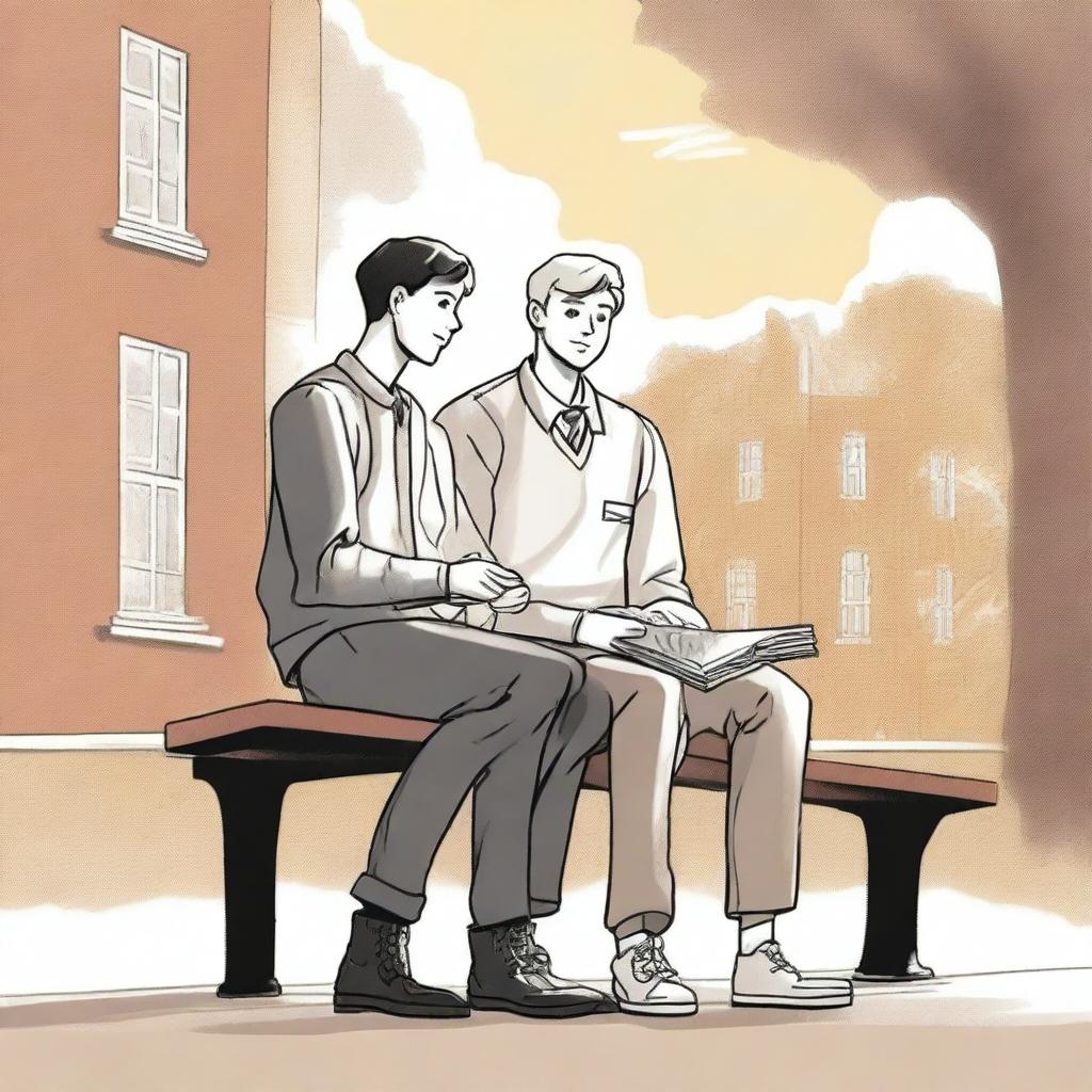 This is a high-quality illustration showcasing two young white men, the protagonist and 'A,' sitting on a bench in the heart of a bustling college campus