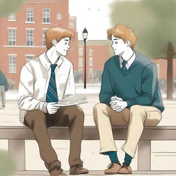 This is a high-quality illustration showcasing two young white men, the protagonist and 'A,' sitting on a bench in the heart of a bustling college campus