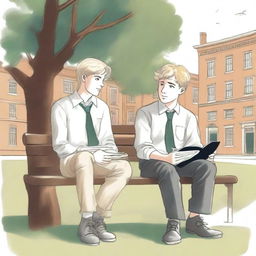 This is a high-quality illustration showcasing two young white men, the protagonist and 'A,' sitting on a bench in the heart of a bustling college campus