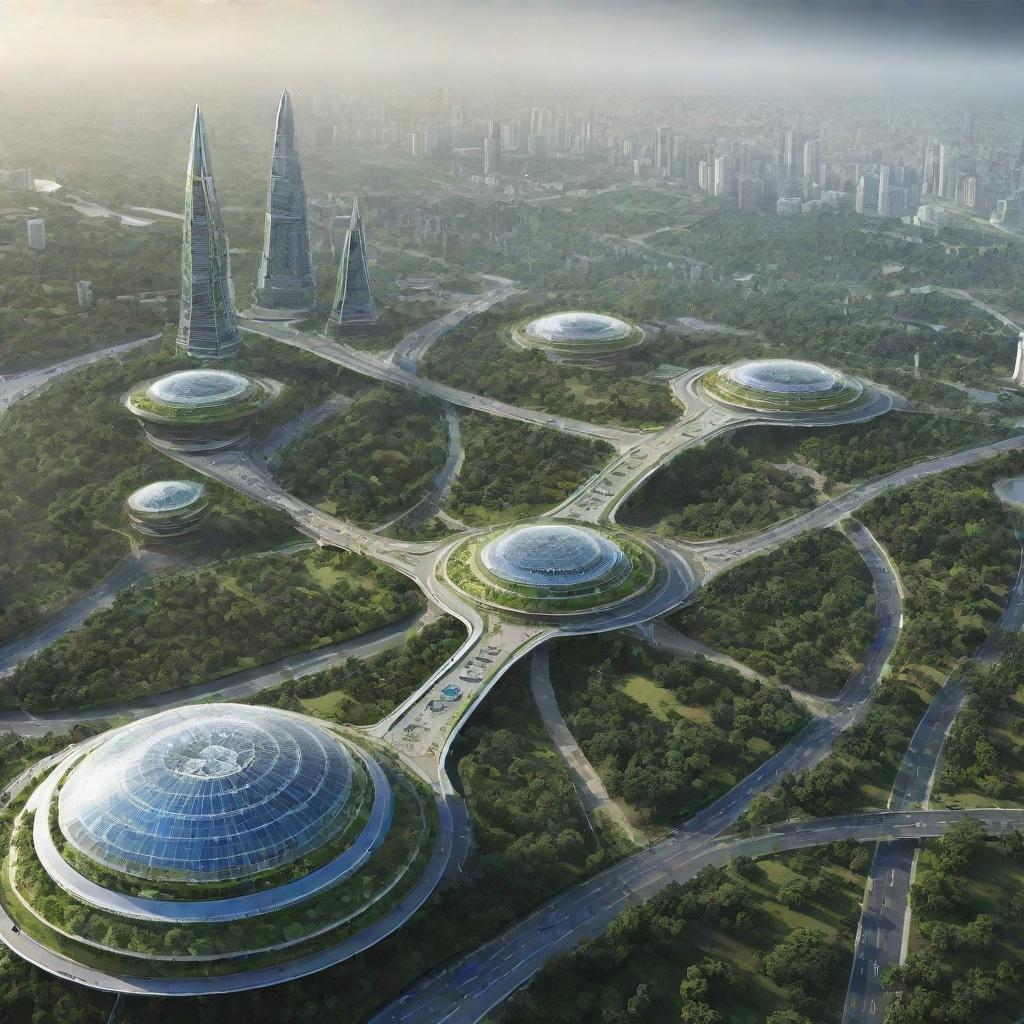 Futuristic landscape of India in 3000, including advanced technology, green cities, high-speed transportation systems, and iconic landmarks enhanced by future architectural designs