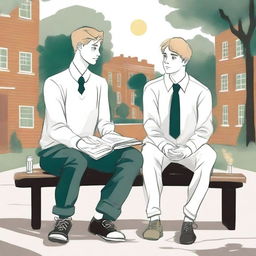 This is a high-quality illustration featuring two young white men, the protagonist and 'A', seated on a bench in the middle of a bustling college campus