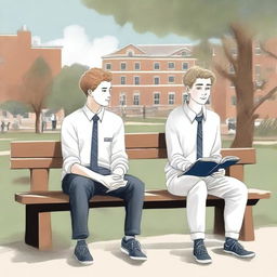 This is a high-quality illustration featuring two young white men, the protagonist and 'A', seated on a bench in the middle of a bustling college campus