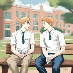 This is a high-quality illustration featuring two young white men, the protagonist and 'A', seated on a bench in the middle of a bustling college campus