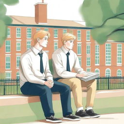 This is a high-quality illustration featuring two young white men, the protagonist and 'A', seated on a bench in the middle of a bustling college campus