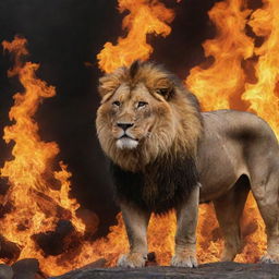 In the background, majestic lions amidst a sea of vibrant, roaring flames