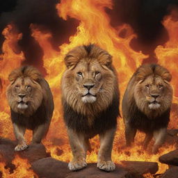 In the background, majestic lions amidst a sea of vibrant, roaring flames