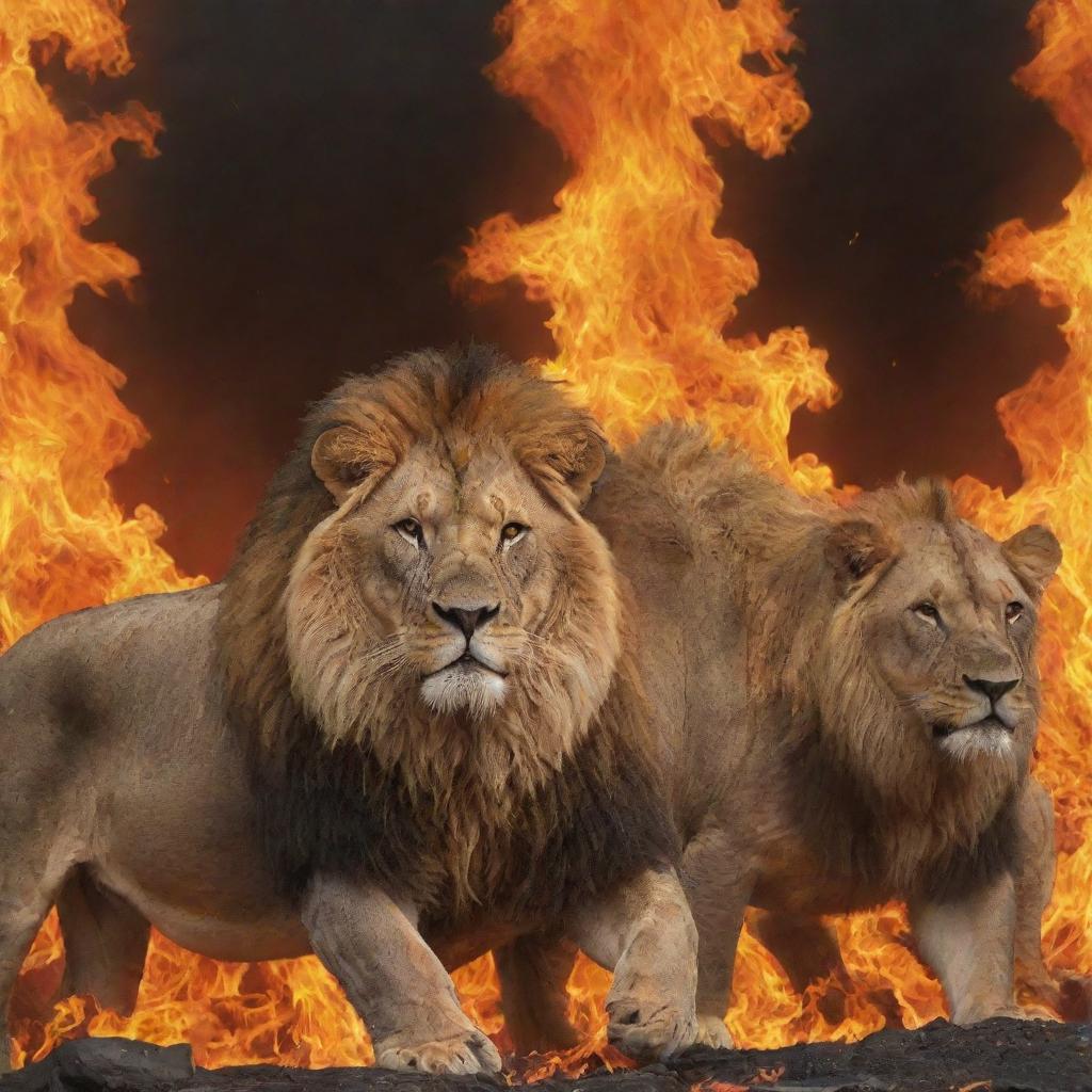 In the background, majestic lions amidst a sea of vibrant, roaring flames