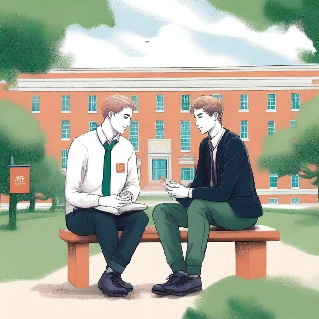 This is a high-quality illustration featuring two young white men, the protagonist and 'A', seated on a bench in the midst of a bustling college campus