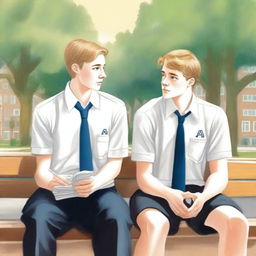 This is a high-quality illustration featuring two young white men, the protagonist and 'A', seated on a bench in the midst of a bustling college campus