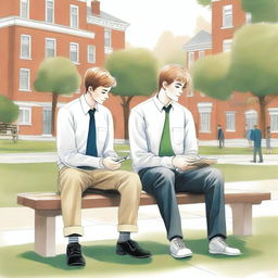 This is a high-quality illustration featuring two young white men, the protagonist and 'A', seated on a bench in the midst of a bustling college campus