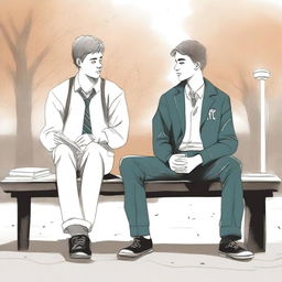 This is a high-quality illustration featuring two young white men, the protagonist and 'A', seated on a bench in the midst of a bustling college campus