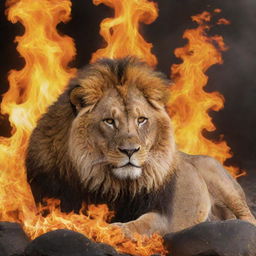 In the background, majestic lions amidst a sea of vibrant, roaring flames